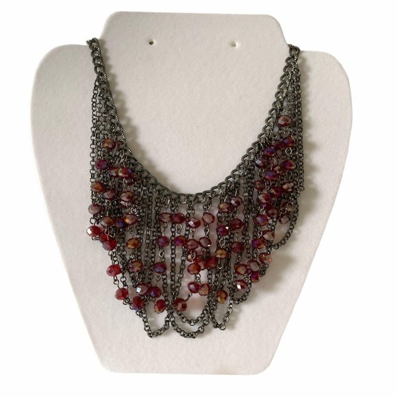Red Beaded Statement Waterfall Adjustable Necklace - Picture 2 of 8